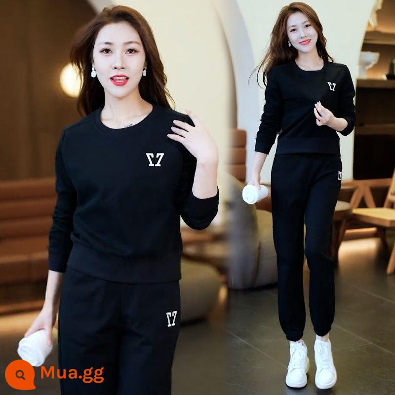 Bộ đồ thể thao có hàm lượng cotton cao thường ngày cỡ lớn dành cho nữ xuân thu 2023 quần thể thao hai mảnh cotton dày mới thời trang - đen