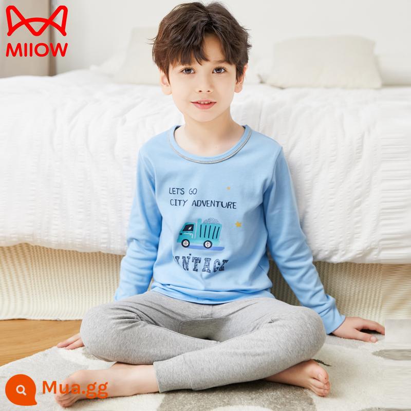 Quần áo thu đông và quần vệ sinh bé trai Catman Bộ đồ lót cotton nguyên chất cổ trung Áo len cotton giữ ấm cho trẻ em trung niên trở lên trong mùa thu đông - Xe ben cổ tròn