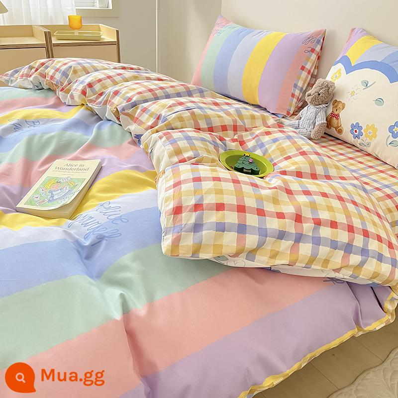 Bộ chăn ga gối cotton 4 mảnh 100 mảnh cotton nguyên chất, vỏ chăn, ga vừa vặn, bộ chăn ga gối đệm 3 mảnh ký túc xá đại học 4 - Gấu tam thể Y