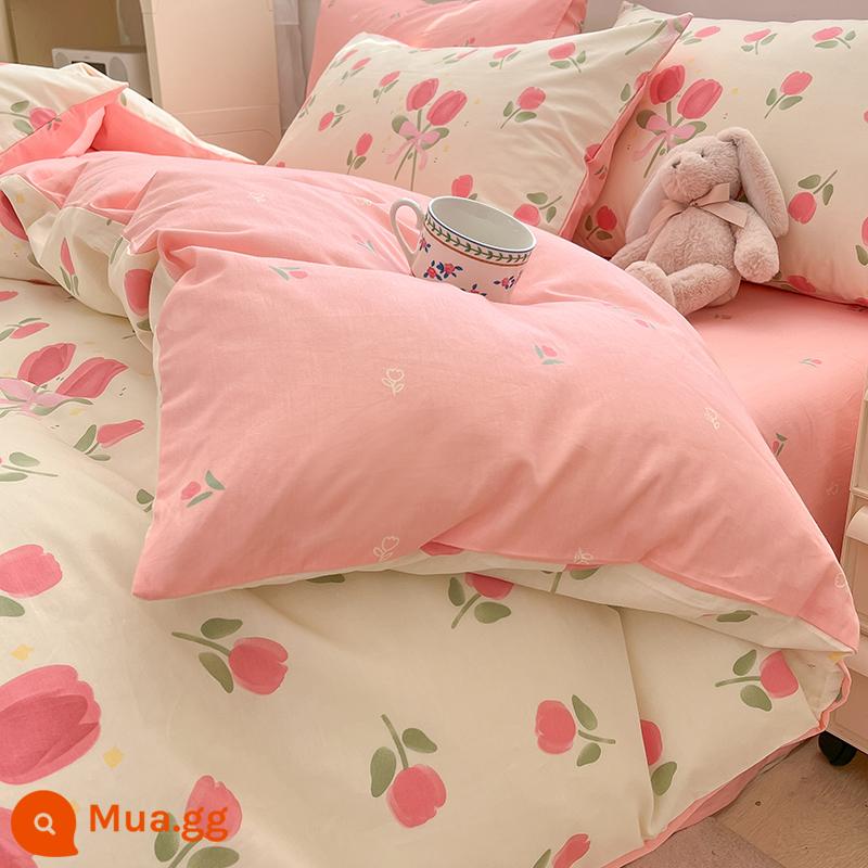 Bộ chăn ga gối cotton 4 mảnh 100 mảnh cotton nguyên chất, vỏ chăn, ga vừa vặn, bộ chăn ga gối đệm 3 mảnh ký túc xá đại học 4 - YTulip