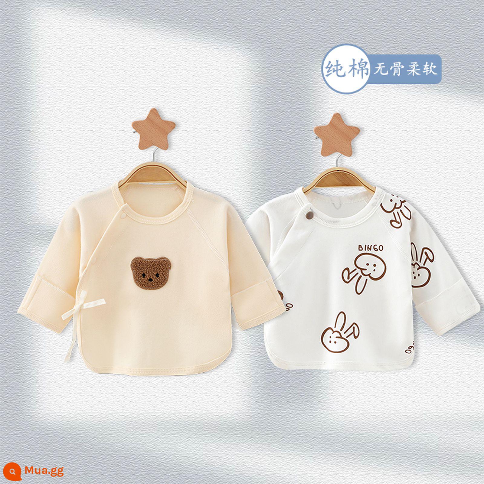 Áo sơ sinh nửa ngực cotton nguyên chất dành cho mùa xuân thu đông bé sơ sinh hai lớp bảo vệ bụng không xương mềm mại cho bé - Katu+Gấu Khăn