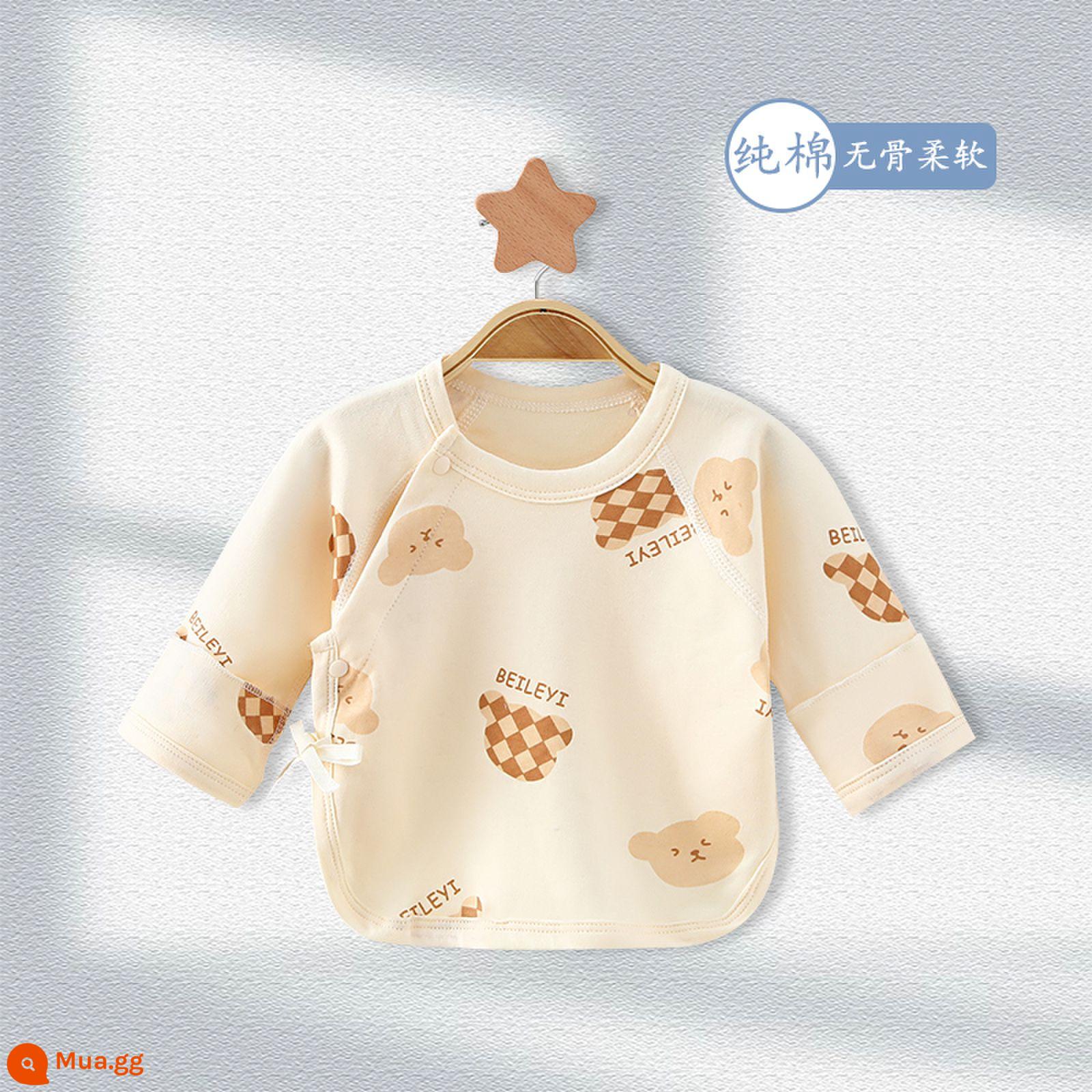 Áo sơ sinh nửa ngực cotton nguyên chất dành cho mùa xuân thu đông bé sơ sinh hai lớp bảo vệ bụng không xương mềm mại cho bé - gấu kẻ sọc