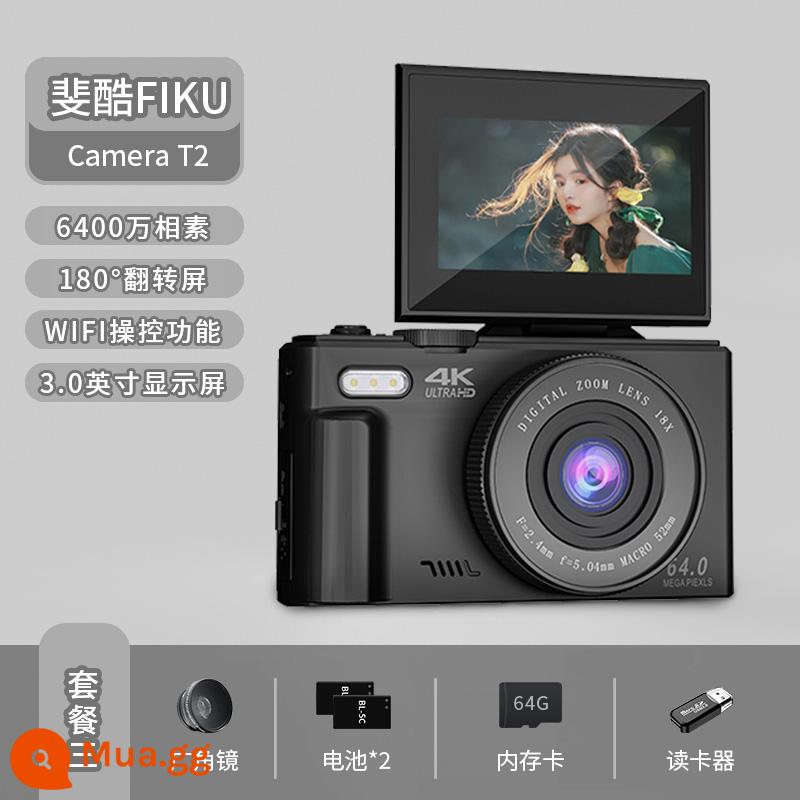 Feiku có thể lật camera micro ống kính đơn HD 4K màn hình lật sinh viên du lịch di động cấp nhập cảnh tại nhà - Gói 3: Màn hình lật màu đen lông quạ + Truyền WiFi + Ống kính macro góc rộng + Pin × 2 + 64G + Đầu đọc thẻ