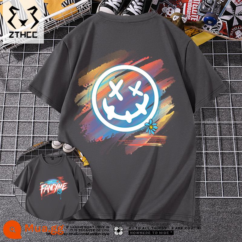 Áo thun nam ngắn tay mùa hè thương hiệu T-shirt cỡ lớn phong cách Mỹ 2023 mới phù hợp với tất cả các trận đấu chàng trai cotton lỏng nửa tay - Nụ cười đầy màu sắc xám đen_ZB