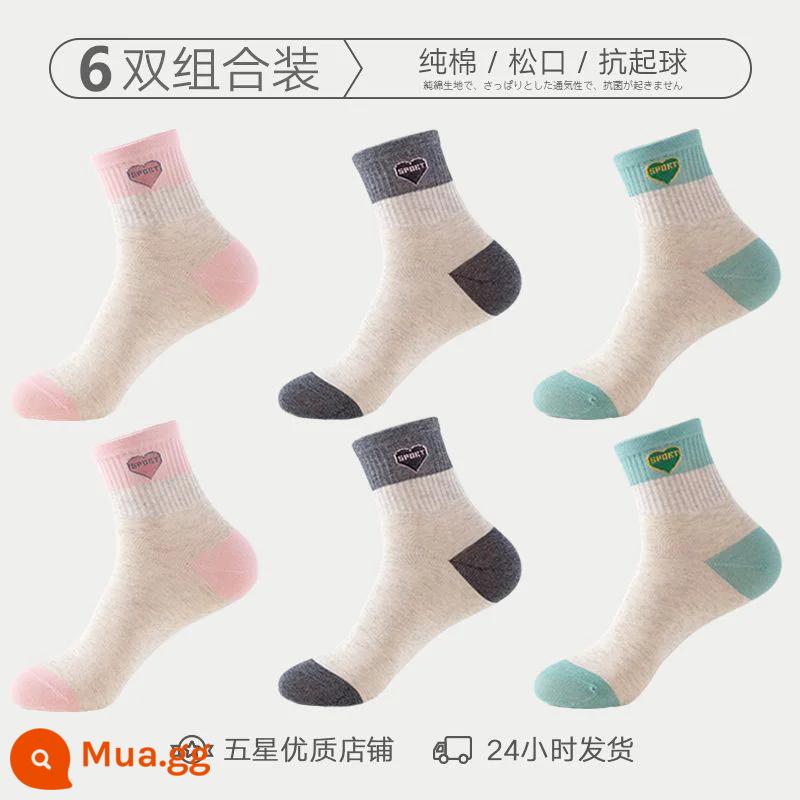 6 đôi tất nữ, tất nữ đến bắp chân, tất cotton trơn màu thu đông khử mùi, tất nữ thể thao phong cách hàn quốc thấm hút mồ hôi - 2 hồng + 2 xám đậm + 2 xanh