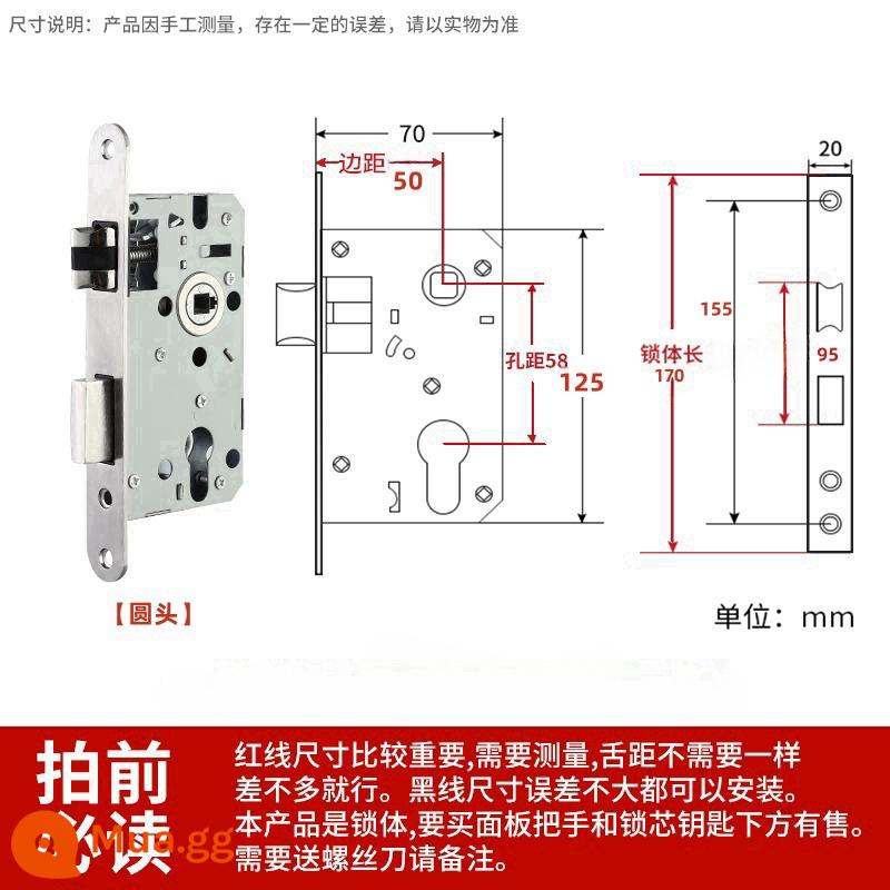 Thép không gỉ thân khóa lõi khóa trong nhà phòng ngủ chốt cửa khóa cửa gỗ đa năng cửa phòng bộ khóa phòng hộ gia đình tắt tiếng - Đầu tròn 50 vòng có lò xo nhẹ 170