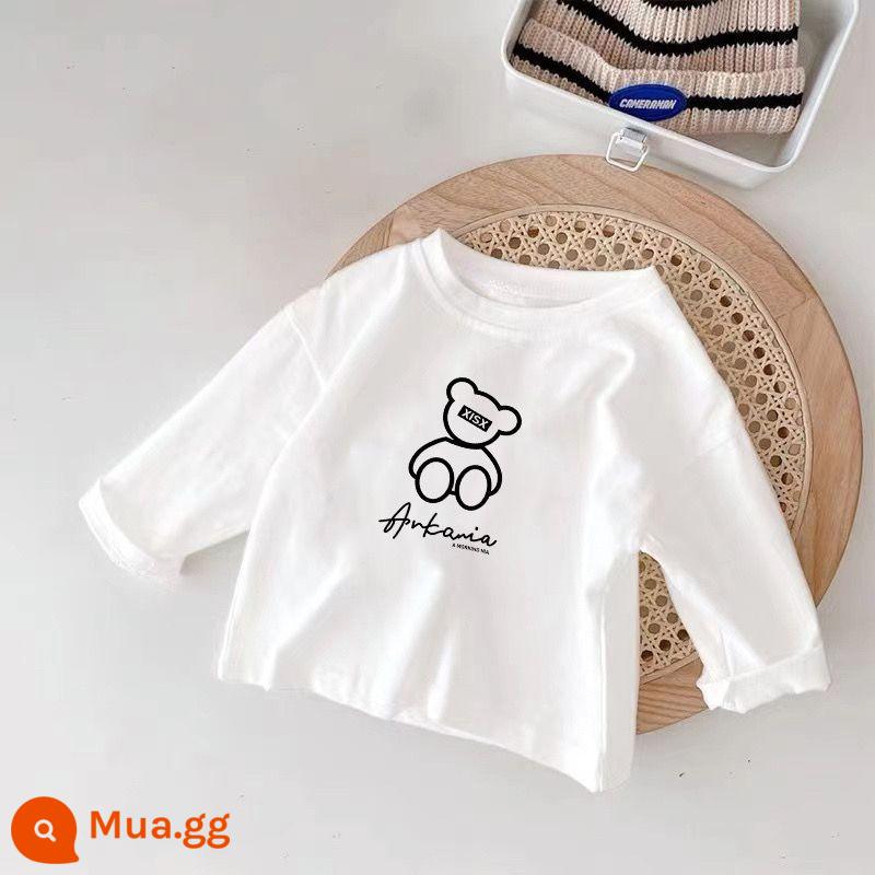 Áo thun dài tay trẻ em cotton nguyên chất mùa xuân thu 2023 phong cách mới áo trẻ em phần mỏng bé trai và bé gái áo sơ mi đáy trắng hợp thời trang chữ T - Gấu Anh-100% cotton