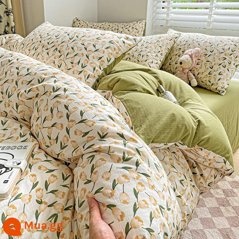 Loại A 4 bộ đồ giường siêu mềm chăn bông jacquard bốn mảnh ký túc xá sinh viên Bộ giường ba mảnh sợi bông hai lớp Xiaozhu - [Sợi hai lớp Xiaozhu Cotton-Bai Li-loại A]