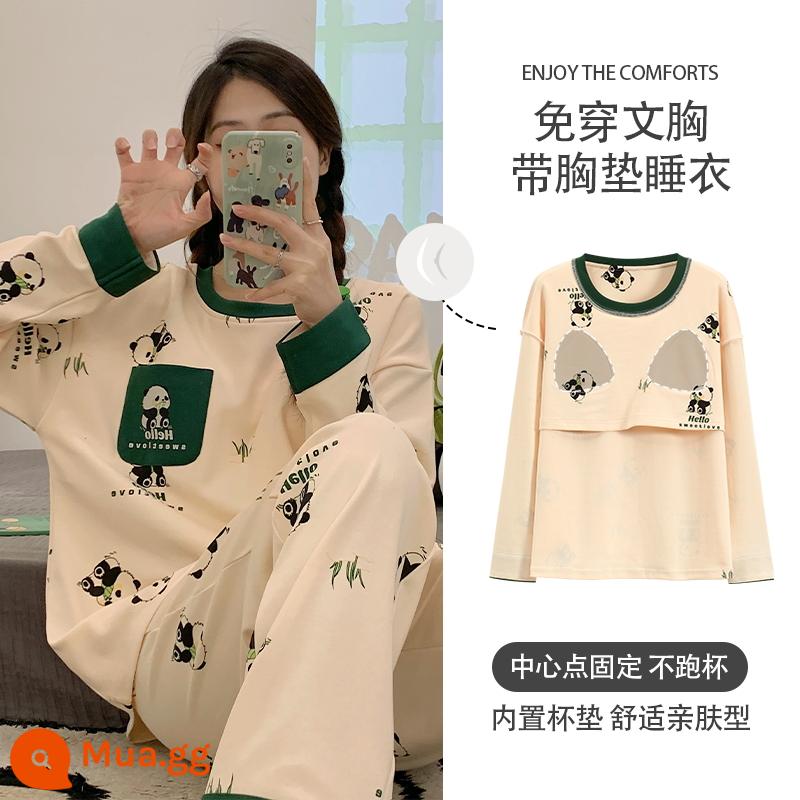 Bộ đồ ngủ Langsha có miếng đệm ngực cho nữ mùa xuân thu mới bằng vải cotton nguyên chất dài tay mùa thu đông phong cách Hàn Quốc bộ quần áo mặc ở nhà cỡ lớn - Y09101