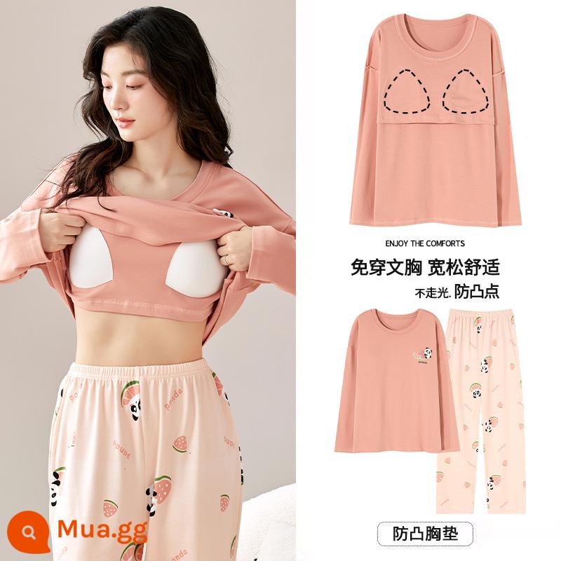 Bộ đồ ngủ Langsha có miếng đệm ngực cho nữ mùa xuân thu mới bằng vải cotton nguyên chất dài tay mùa thu đông phong cách Hàn Quốc bộ quần áo mặc ở nhà cỡ lớn - MJX1061C