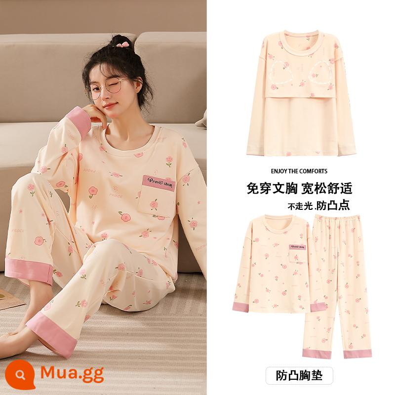 Bộ đồ ngủ Langsha có miếng đệm ngực cho nữ mùa xuân thu mới bằng vải cotton nguyên chất dài tay mùa thu đông phong cách Hàn Quốc bộ quần áo mặc ở nhà cỡ lớn - MJX9304