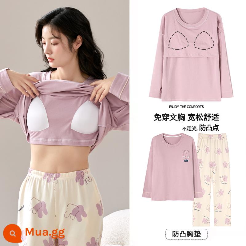 Bộ đồ ngủ Langsha có miếng đệm ngực cho nữ mùa xuân thu mới bằng vải cotton nguyên chất dài tay mùa thu đông phong cách Hàn Quốc bộ quần áo mặc ở nhà cỡ lớn - MJX1066C