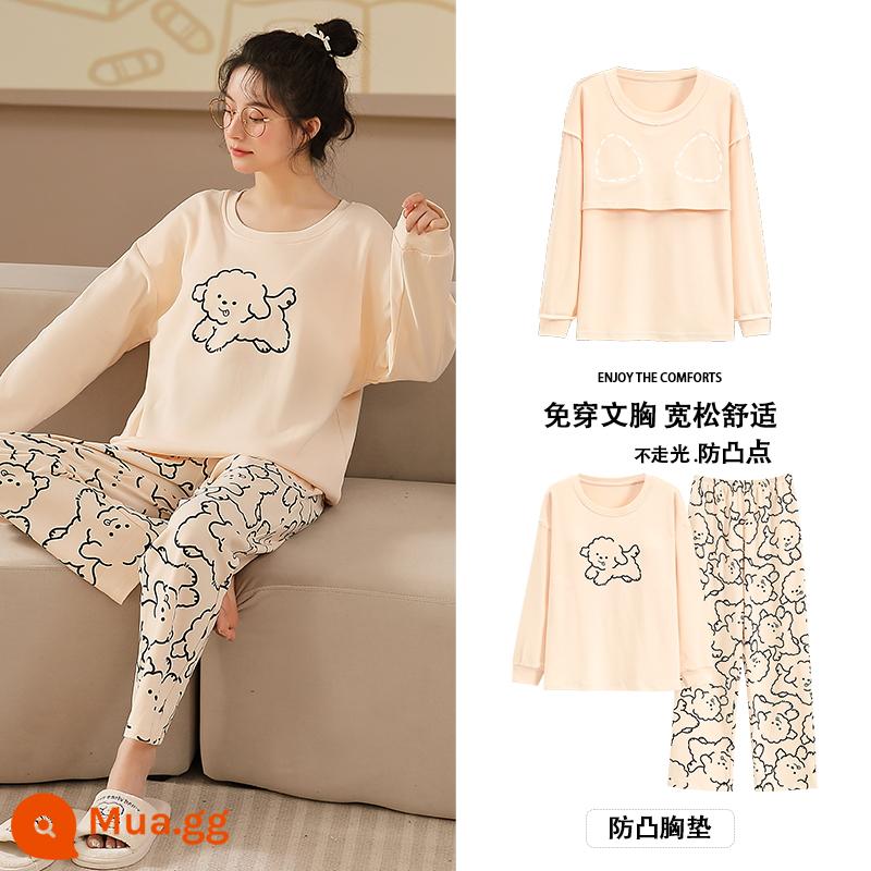 Bộ đồ ngủ Langsha có miếng đệm ngực cho nữ mùa xuân thu mới bằng vải cotton nguyên chất dài tay mùa thu đông phong cách Hàn Quốc bộ quần áo mặc ở nhà cỡ lớn - MJX9303