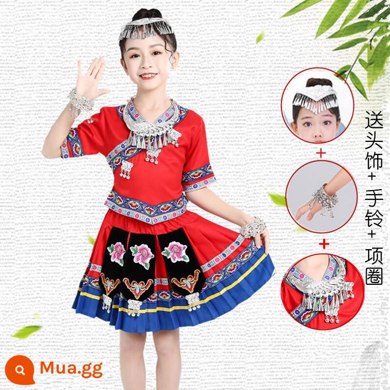 Trang phục dân tộc thiểu số ngày thiếu nhi cho trẻ em Zhuang, Tujia, Miao, nữ, Yao, nam, trang phục She và Yi, Quảng Tây - Loại C, màu đỏ, nữ, tặng kèm mũ bạc + chuông tay + vòng cổ, số lượng lớn trong kho