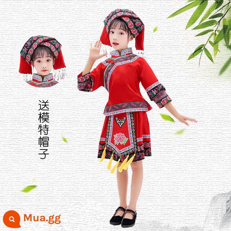 Trang phục dân tộc thiểu số ngày thiếu nhi cho trẻ em Zhuang, Tujia, Miao, nữ, Yao, nam, trang phục She và Yi, Quảng Tây - Mẫu F, màu đỏ, mẫu nữ, mũ miễn phí, số lượng lớn trong kho