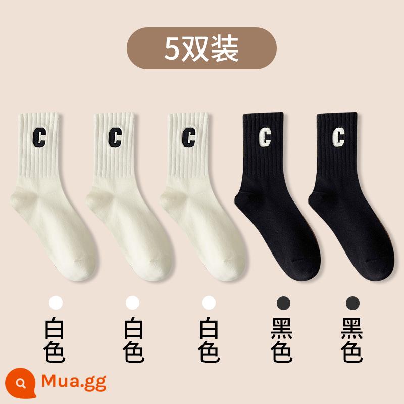 Vớ Zhuji SOCKS COTTY PURE ODOR MIDE -ODOR Mùa thu và mùa đông với quần cá mập trong vớ thêu mùa xuân và mùa thu sinh viên linh hoạt - 3 chiếc tất dài đến bắp chân màu trắng và 2 chiếc tất màu đen