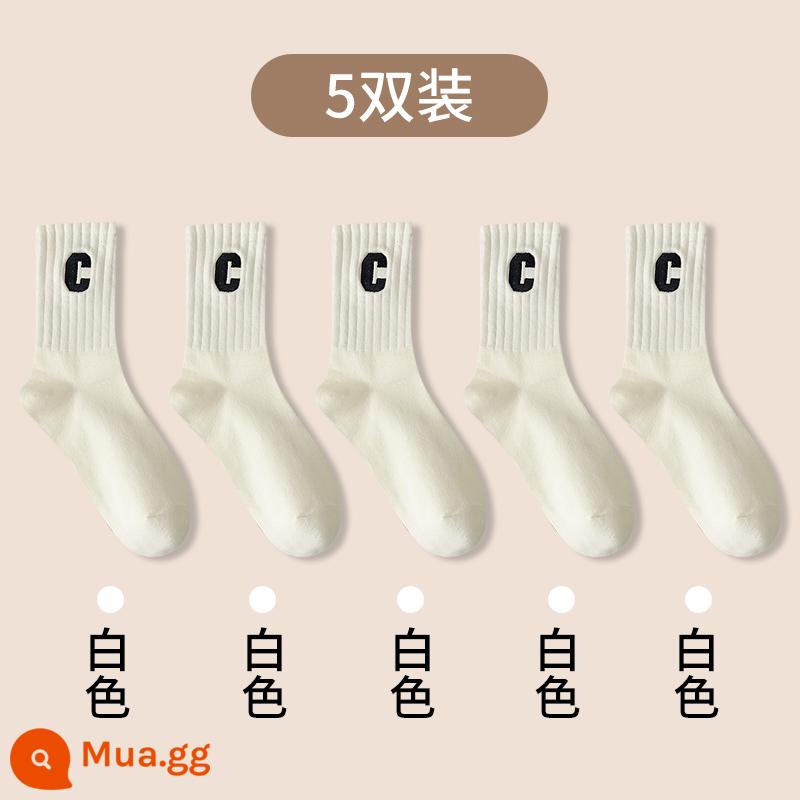 Vớ Zhuji SOCKS COTTY PURE ODOR MIDE -ODOR Mùa thu và mùa đông với quần cá mập trong vớ thêu mùa xuân và mùa thu sinh viên linh hoạt - 5 đôi tất trắng đến giữa bắp chân