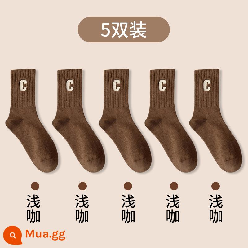 Vớ Zhuji SOCKS COTTY PURE ODOR MIDE -ODOR Mùa thu và mùa đông với quần cá mập trong vớ thêu mùa xuân và mùa thu sinh viên linh hoạt - 5 đôi tất dài đến bắp chân màu nâu nhạt