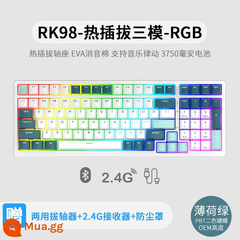 Bàn phím cơ không dây ba chế độ RK98 bluetooth 2.4g chơi game có dây thể thao điện tử RGB bộ tùy chỉnh có thể tráo đổi nóng - Màu xanh bạc hà (RGB) có thể tráo đổi nhanh ba chế độ