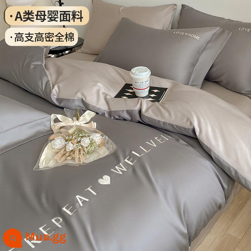 Cao cấp dài 100 món cotton ghim dài bộ 4 món đồng màu ga trải giường cotton nguyên chất vỏ chăn vừa vặn ga trải giường bộ 3 món 4 - Xám vừa + xám núi (100% cotton, mượt và trần trụi)