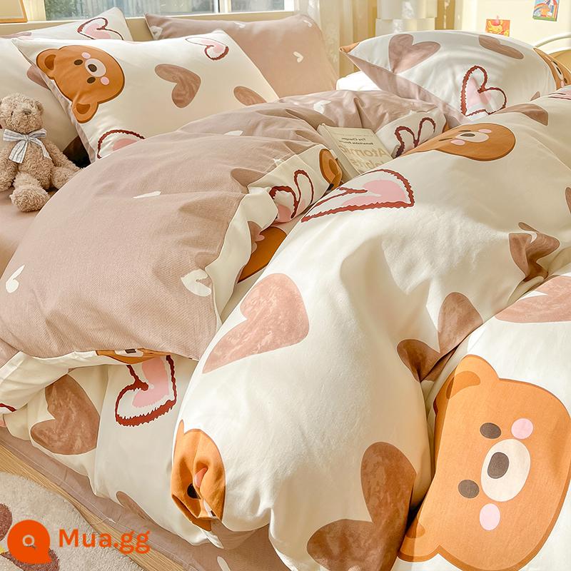 Công chúa gió mùa đông cotton nguyên chất 4 mảnh 100 ga giường cotton vỏ chăn ký túc xá sinh viên 3 bộ chăn ga gối 4 - gấu domi