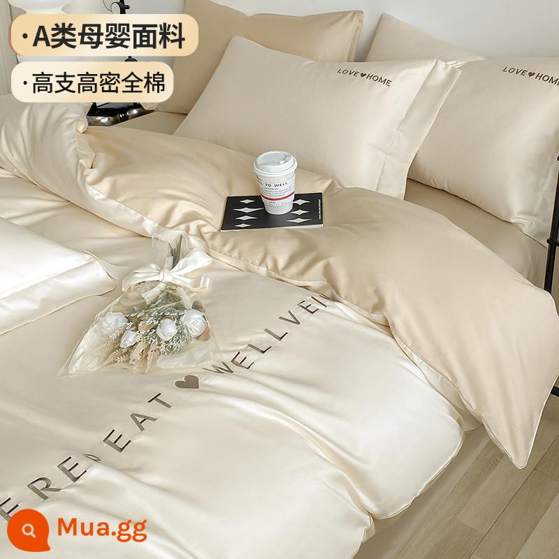 Cao cấp dài 100 món cotton ghim dài bộ 4 món đồng màu ga trải giường cotton nguyên chất vỏ chăn vừa vặn ga trải giường bộ 3 món 4 - Trà sữa lắc trắng (100% cotton mềm mịn thích hợp ngủ khỏa thân)