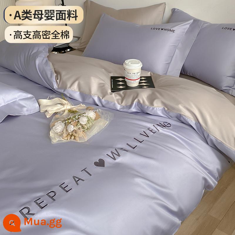 Cao cấp dài 100 món cotton ghim dài bộ 4 món đồng màu ga trải giường cotton nguyên chất vỏ chăn vừa vặn ga trải giường bộ 3 món 4 - Xám tím + xám núi (100% cotton, mềm mượt và trần trụi)