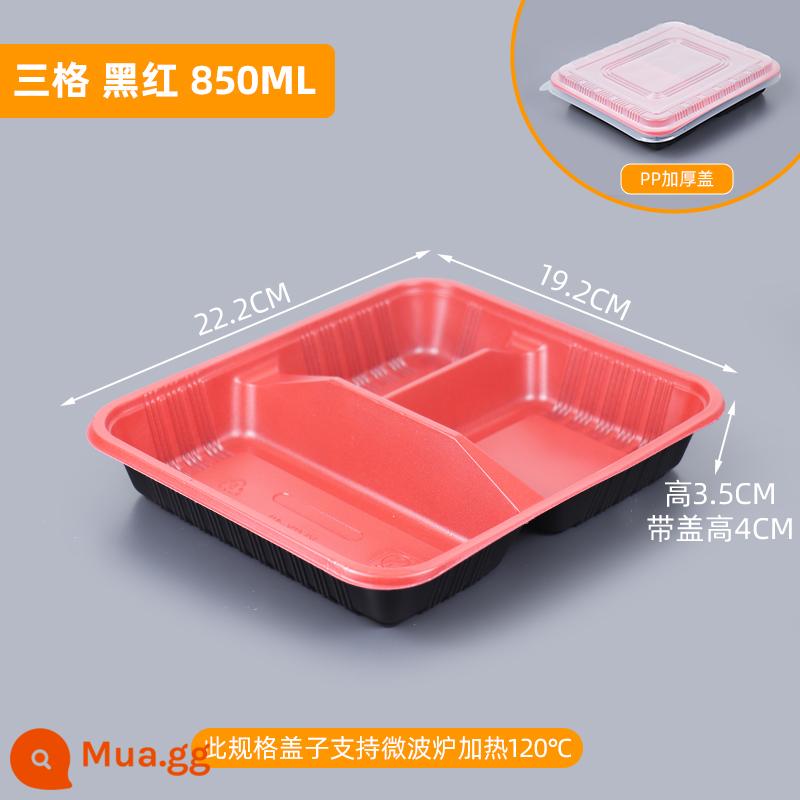 Hộp đồ ăn trưa Bữa ăn trưa, 3 -Square -Meal Hộp Hộp ăn trưa Hộp ba người - Ba ngăn có bìa PP dày, một ngàn bộ, đen đỏ