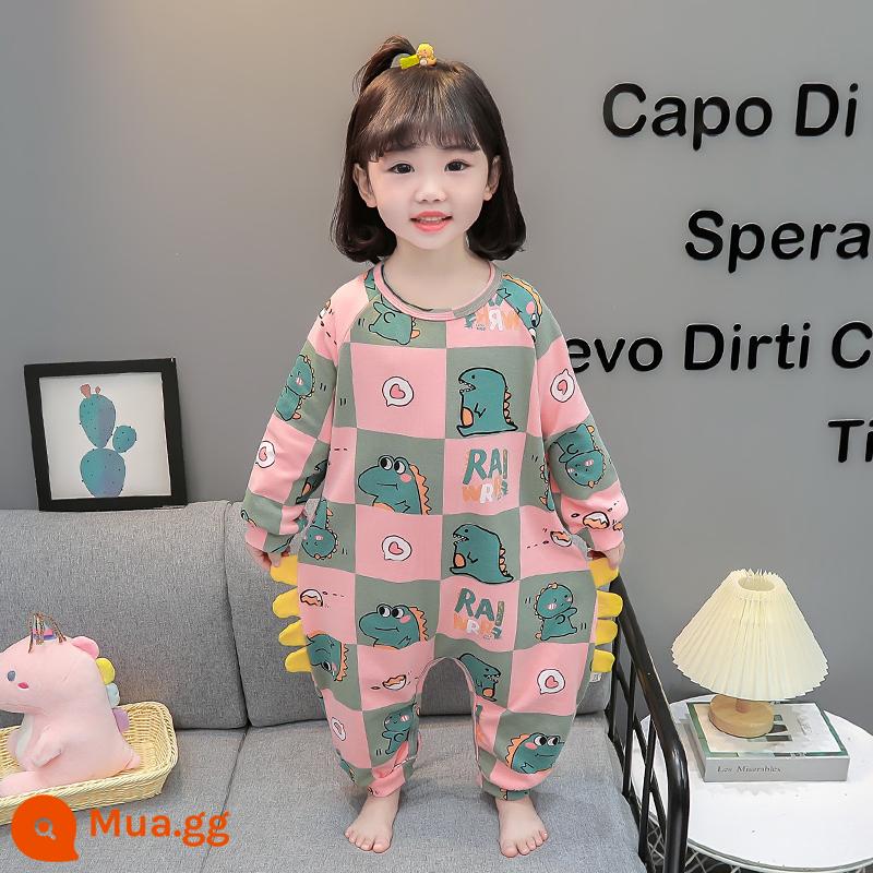 Bộ đồ ngủ liền mảnh mùa xuân thu cotton nguyên chất dài tay mặc nhà cho bé trai và bé gái 1 tuổi 3 túi ngủ chống lạnh cho bé - khủng long kẻ sọc hồng