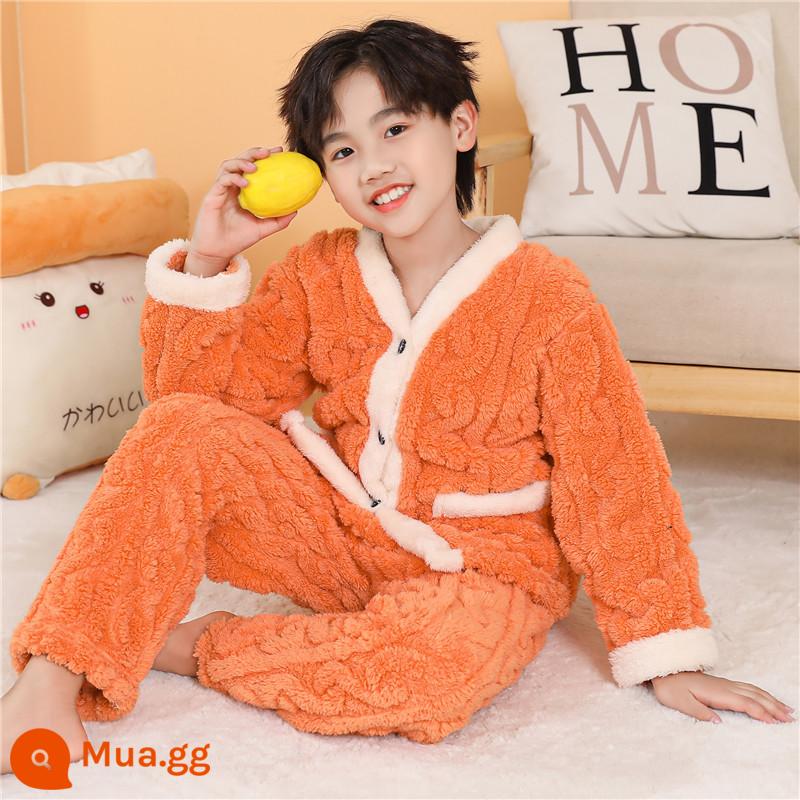 Bộ đồ ngủ lông cừu san hô dày và nhung cho trẻ em mùa thu đông dành cho bé trai và bé gái jacquard flannel phục vụ tại nhà phù hợp với - Màu cam đực viền trắng