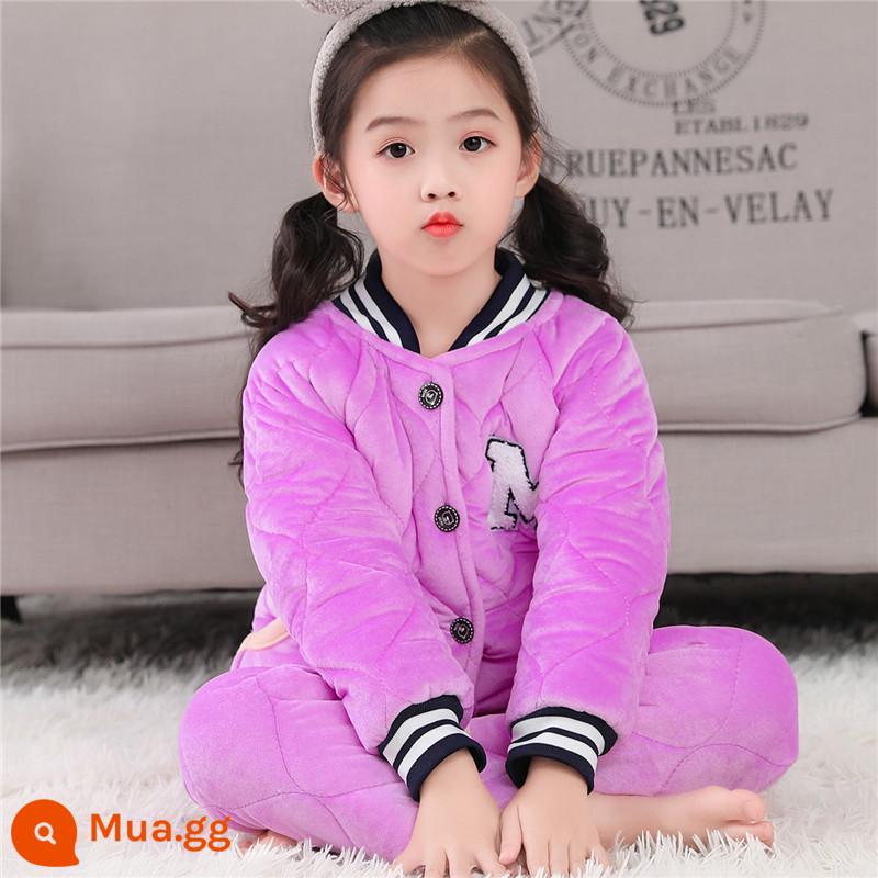 Bộ Đồ Ngủ Bé Gái Mùa Đông Pha Lê Nhung Bé Trai Bé Gái Bé Trai Bé Gái Homewear Flannel Áo Khoác Có Đệm Dày - Đồng phục bóng chày cổ đứng nhung pha lê màu tím