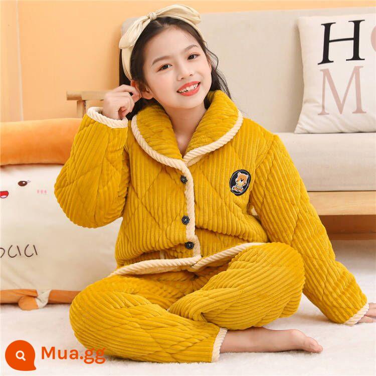 Mùa Đông Trẻ Em Bộ Đồ Ngủ Cotton Ba Lớp Dày Trung Và Lớn Bé Trai Dép Nỉ Ấm Bé Gái San Hô Trang Phục Mặc Nhà - Áo chần bông dày 3 lớp màu sen màu vàng dành cho nữ