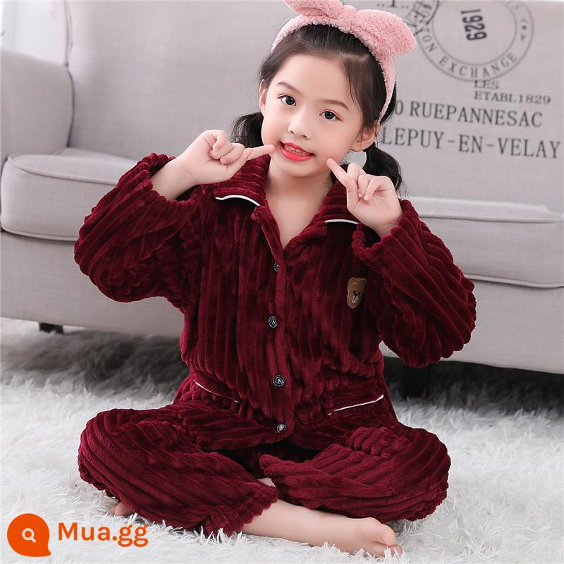 Bộ đồ ngủ trẻ em mùa thu đông flannel bé trai bé trai lớn trẻ em dày san hô nỉ bé gái nhà quần áo - phụ nữ sọc đỏ tía