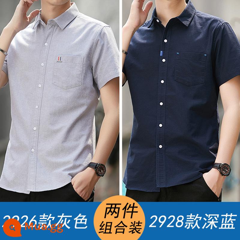 Chim Gõ Kiến Áo Sơ Mi Nam Ngắn Tay Mùa Hè Màu Trắng Sơ Mi Cotton Nguyên Chất Cotton Top Quần Áo Công Sở Slim Nam Inches - 2926 màu xám cộng với 2928 màu xanh đậm 100% cotton nguyên chất thoáng khí