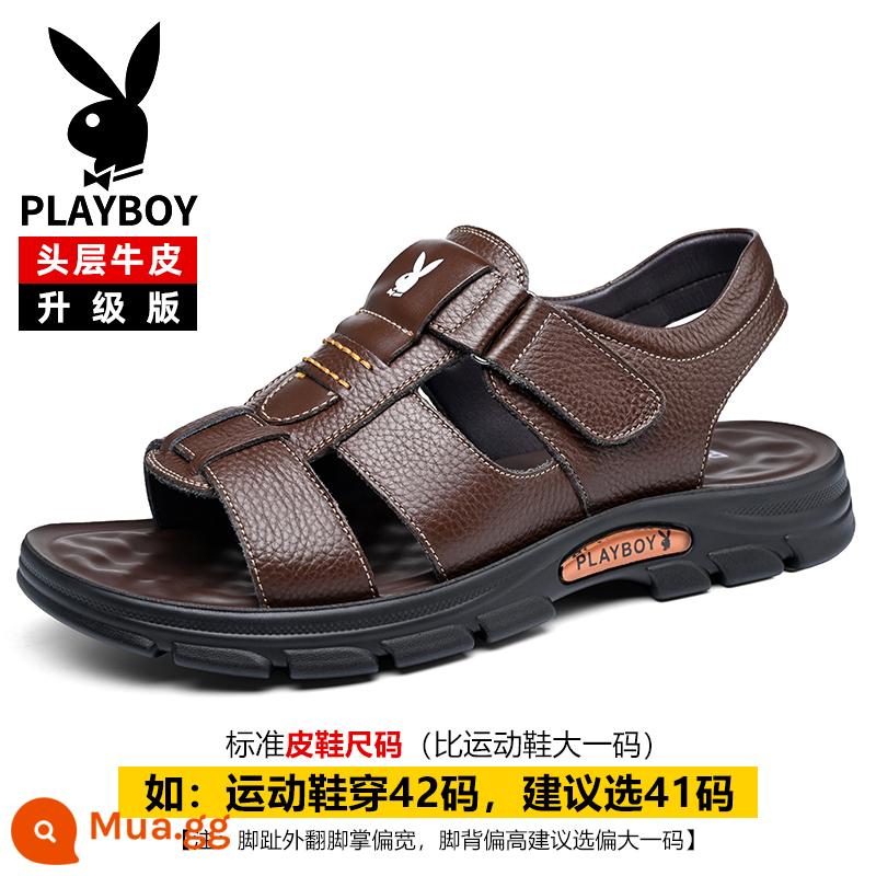 Giày Sandal Playboy 2023 Mùa Hè Mới Thoáng Khí Da Đế Mềm Lái Xe Giày Đi Biển Cổ Chống Trơn Trượt Dép Nam - Mẫu nâng cấp màu nâu 2512-5