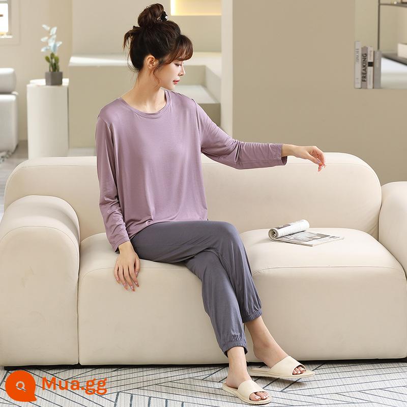 2022 Mùa thu Mới Mới Modal Tương đối của Modal Cổ dài -Sleeved T -shirt Quần Nhà Pyjamas Group có thể mặc phụ nữ - Hàn Quốc tím + xám sắt