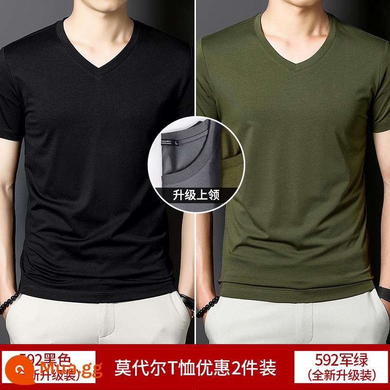 2 cái] Áo thun cotton ngắn tay Modal cho nam mùa hè bằng lụa băng màu trơn lót cổ tròn nửa tay phần mỏng áo thun nhanh khô - Đen + Xanh quân đội (cổ chữ V nâng cấp)