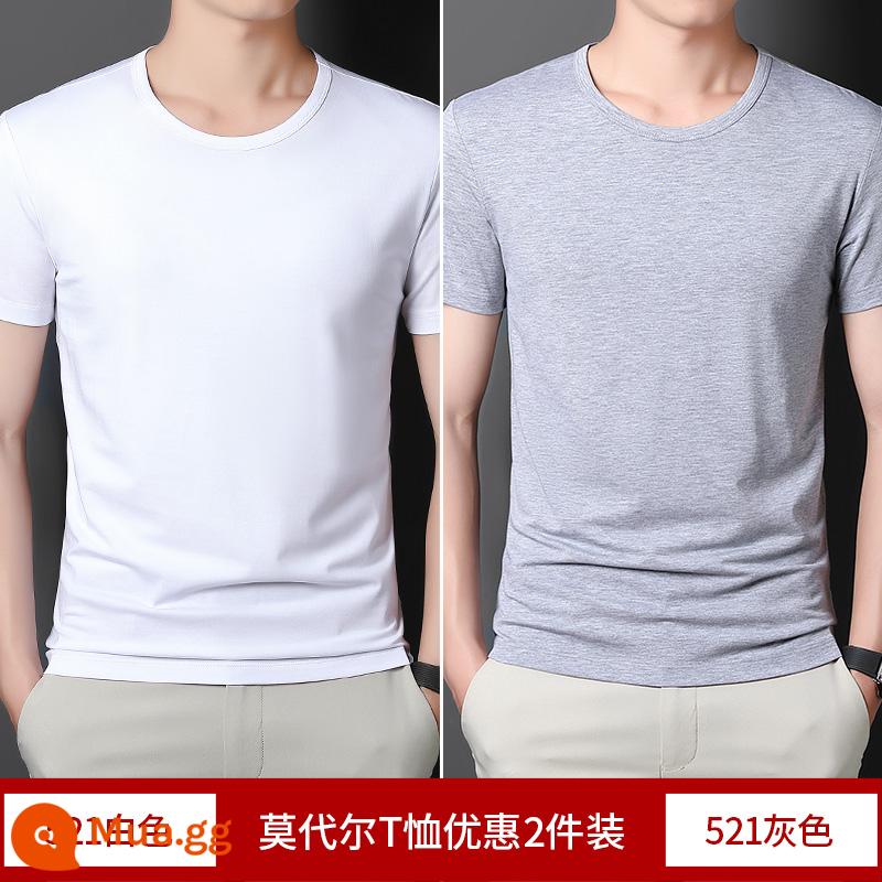 2 cái] Áo thun cotton ngắn tay Modal cho nam mùa hè bằng lụa băng màu trơn lót cổ tròn nửa tay phần mỏng áo thun nhanh khô - trắng + xám