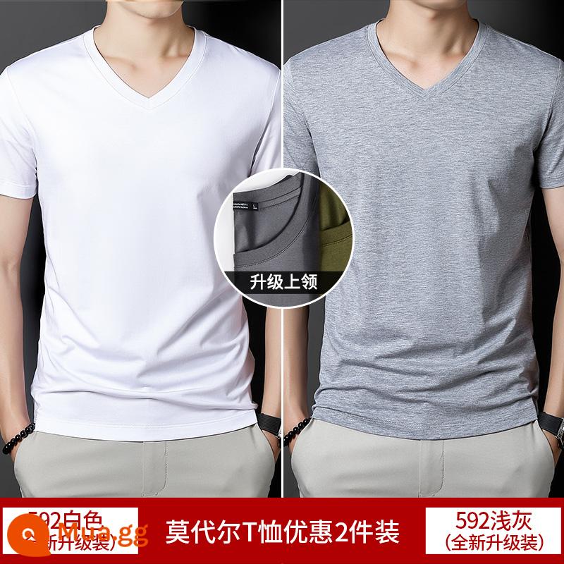 2 cái] Áo thun cotton ngắn tay Modal cho nam mùa hè bằng lụa băng màu trơn lót cổ tròn nửa tay phần mỏng áo thun nhanh khô - Trắng + xám nhạt (cổ chữ V nâng cấp)