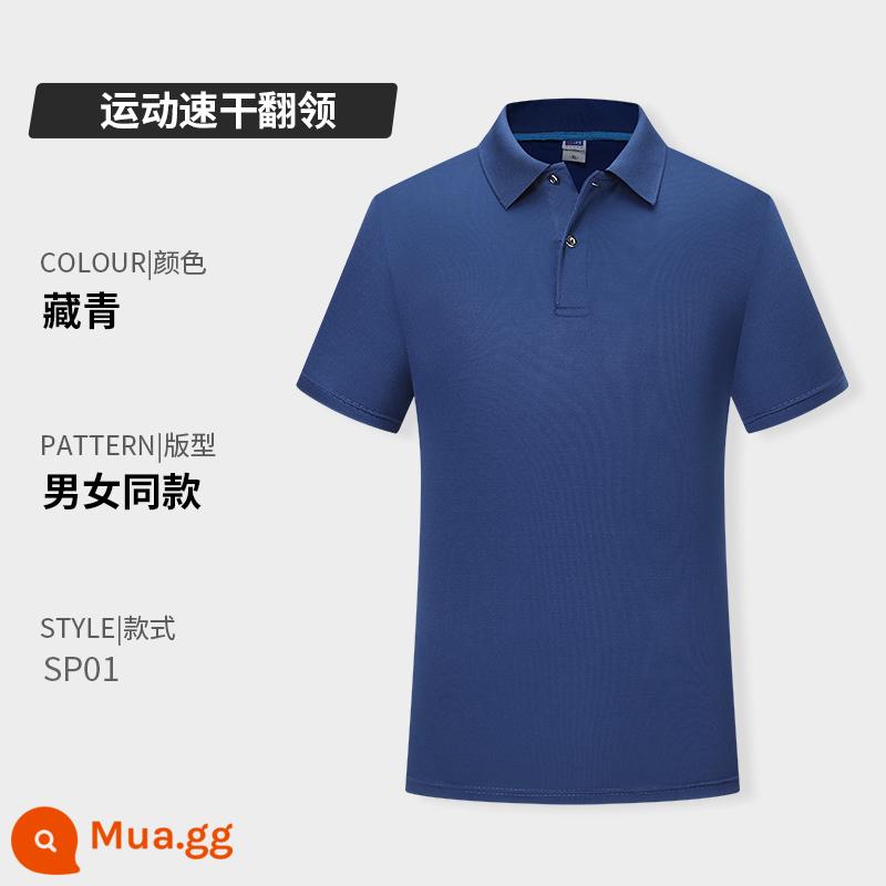 Quần áo công sở có ve áo bằng vải cotton nguyên chất in logo tùy chỉnh áo sơ mi polo khô nhanh dự tiệc công ty Áo sơ mi văn hóa tay ngắn có thêu in - Loại A-Xanh hải quân