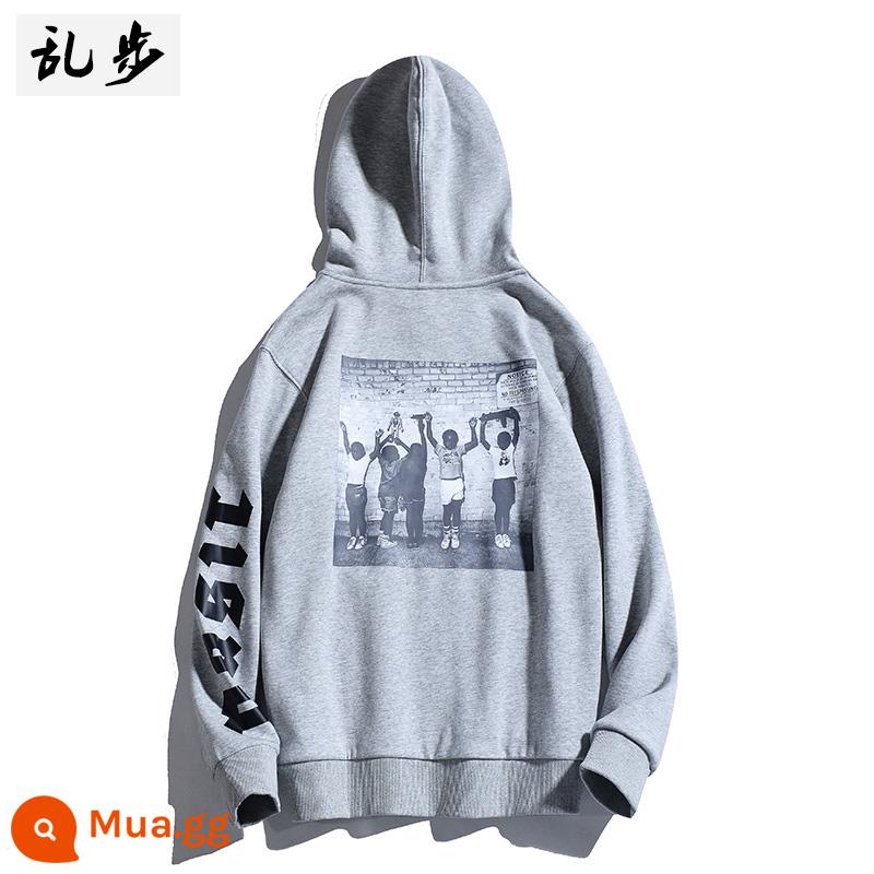 Plus nhung dày cotton T phong cách mùa đông nam phóng khoáng retro hợp thời trang thương hiệu áo khoác thư phong cách Mỹ dạo phố thường ngày áo hoodie size lớn - 7152 trẻ em màu đen nhung trùm đầu hoa màu xám