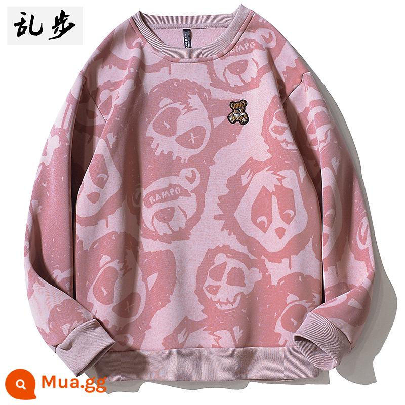 Cổ Tròn Cotton Dày T Nam Thu Đông In Triều Size Lớn Rời Quần Áo Dày Plus Nhung Tay Dài Cặp Đôi Không Mũ áo Khoác Mùa Thu - Áo nỉ nhung JRwy0733 màu hồng đậm