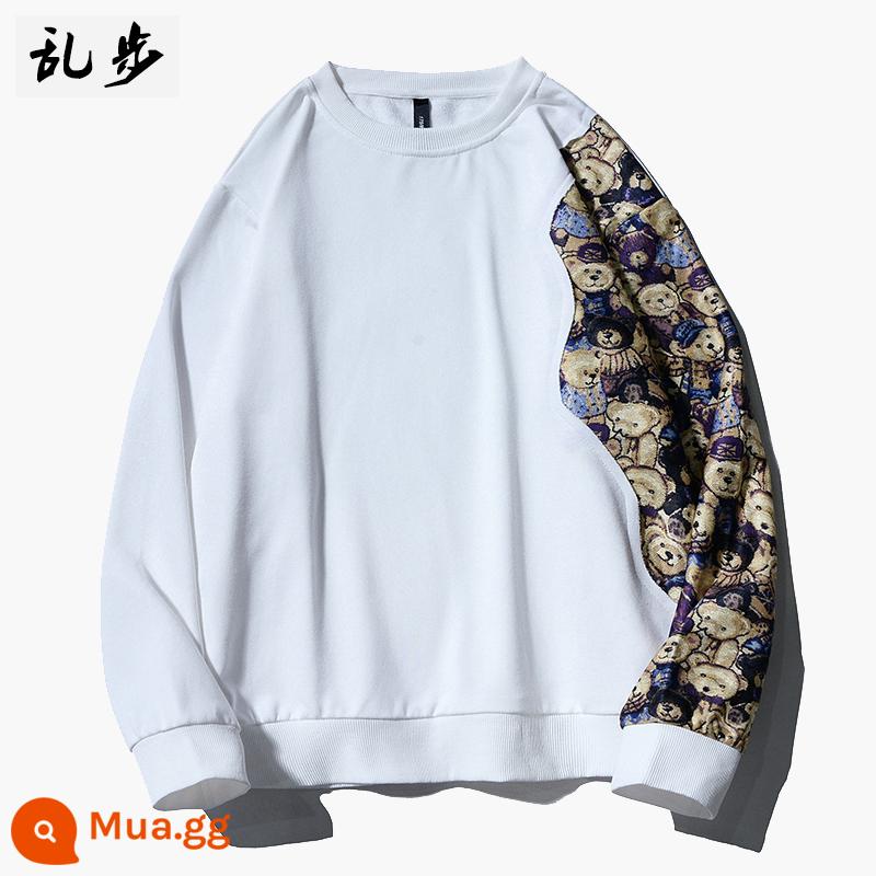 Phiên bản Autumn Hàn Quốc của Harajuku Wind Sweater Men and Women Cartoon Bears Stitching dài -Sleeved t -shirt tròn vòng cổ - T2246 trắng