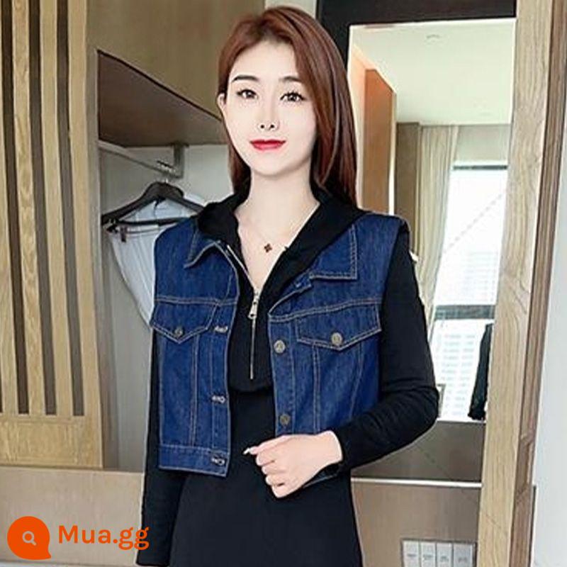 Denim vest đen có mũ trùm đầu dành cho nữ mùa xuân thu 2023 mới thường ngày phong cách phương Tây thời trang váy dài 2 bộ - Áo khoác ngắn màu xanh đậm