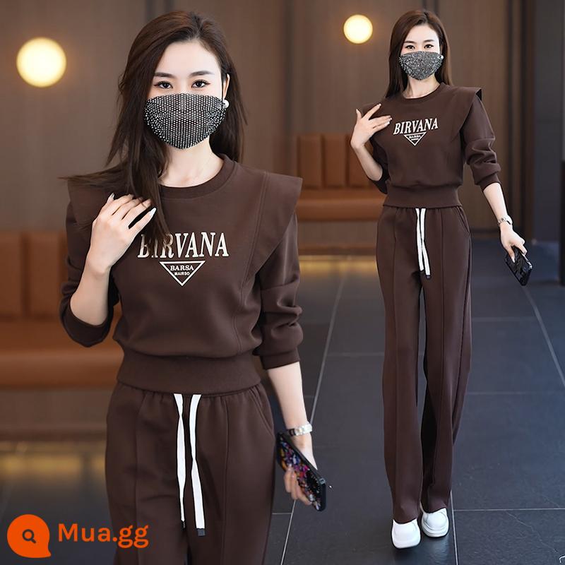 Hàm lượng cotton cao cấp áo thể thao nữ 2023 mới thời trang thu đông dáng rộng cỡ lớn quần rộng 2 bộ - 2712# Nâu [Xuân Thu]