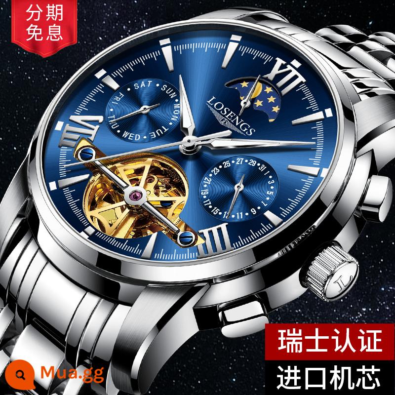 Chính Hãng Thụy Sĩ Đồng Hồ Cơ Nam Tourbillon Xu Hướng Thời Trang Dạ Quang Rỗng Pha Mặt Trăng Đa Chức Năng Nam - Mặt xanh tự nhiên Máy nhập khẩu