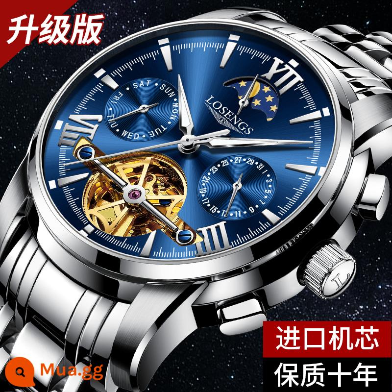 Chính Hãng Thụy Sĩ Đồng Hồ Cơ Nam Tourbillon Xu Hướng Thời Trang Dạ Quang Rỗng Pha Mặt Trăng Đa Chức Năng Nam - Phiên bản nâng cấp với bề mặt màu xanh và bộ máy nhập khẩu