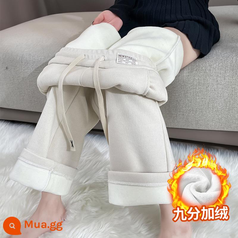 Quần ống rộng len cừu cho nữ mùa thu đông, quần chenille cho nữ, cộng nhung, quần cotton dày dặn ấm áp, quần vải nhung thẳng - Màu mai chín điểm [cộng nhung]