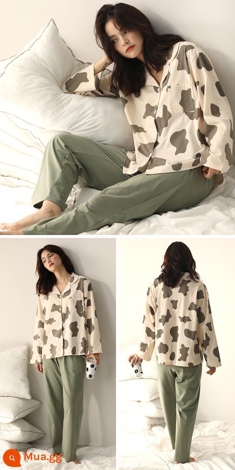 Bộ đồ ngủ mới 2023 dành cho nữ, dài tay cotton nguyên chất xuân thu, size lớn 200 pound, có thể mặc bên ngoài, bộ đồ mặc nhà cao cấp - 6026