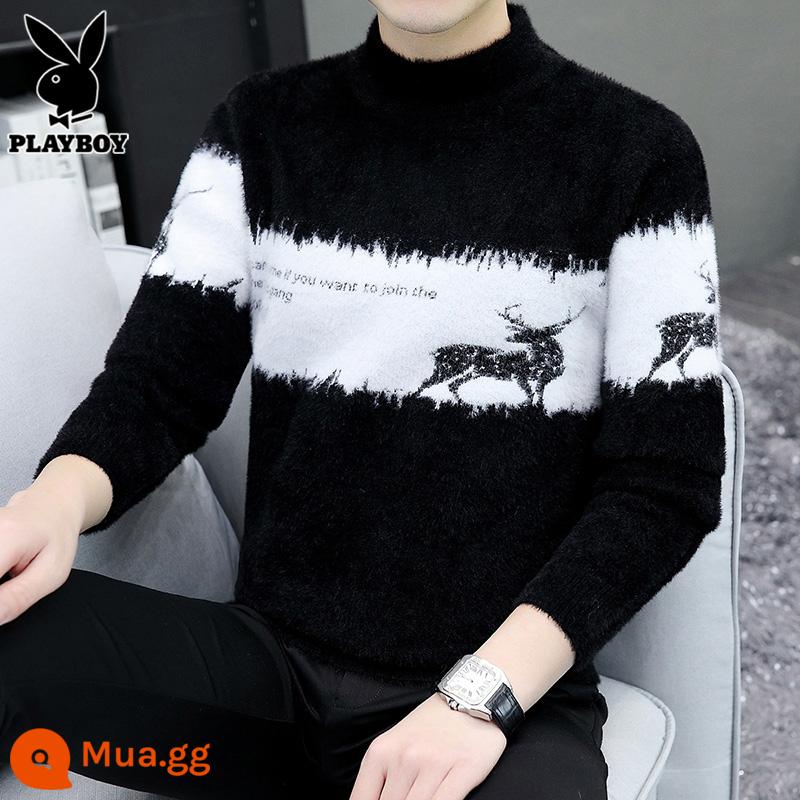 Playboy Nửa Áo Len Cao Cổ Nam Chồn Trang Len Quần Áo Mùa Thu Đông Ấm Áp Thường Phối Nón Kết Nam Nữ - 2147 màu đen